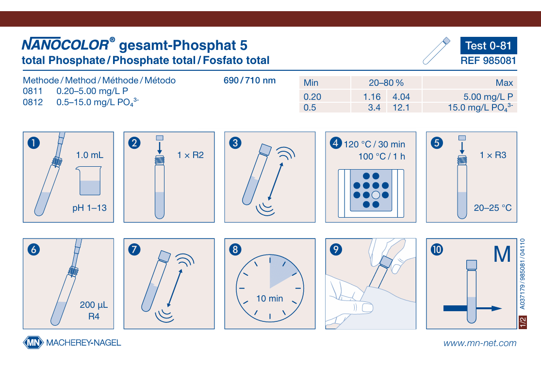 Tube test NANOCOLOR ortho- and total-Phosphate 5