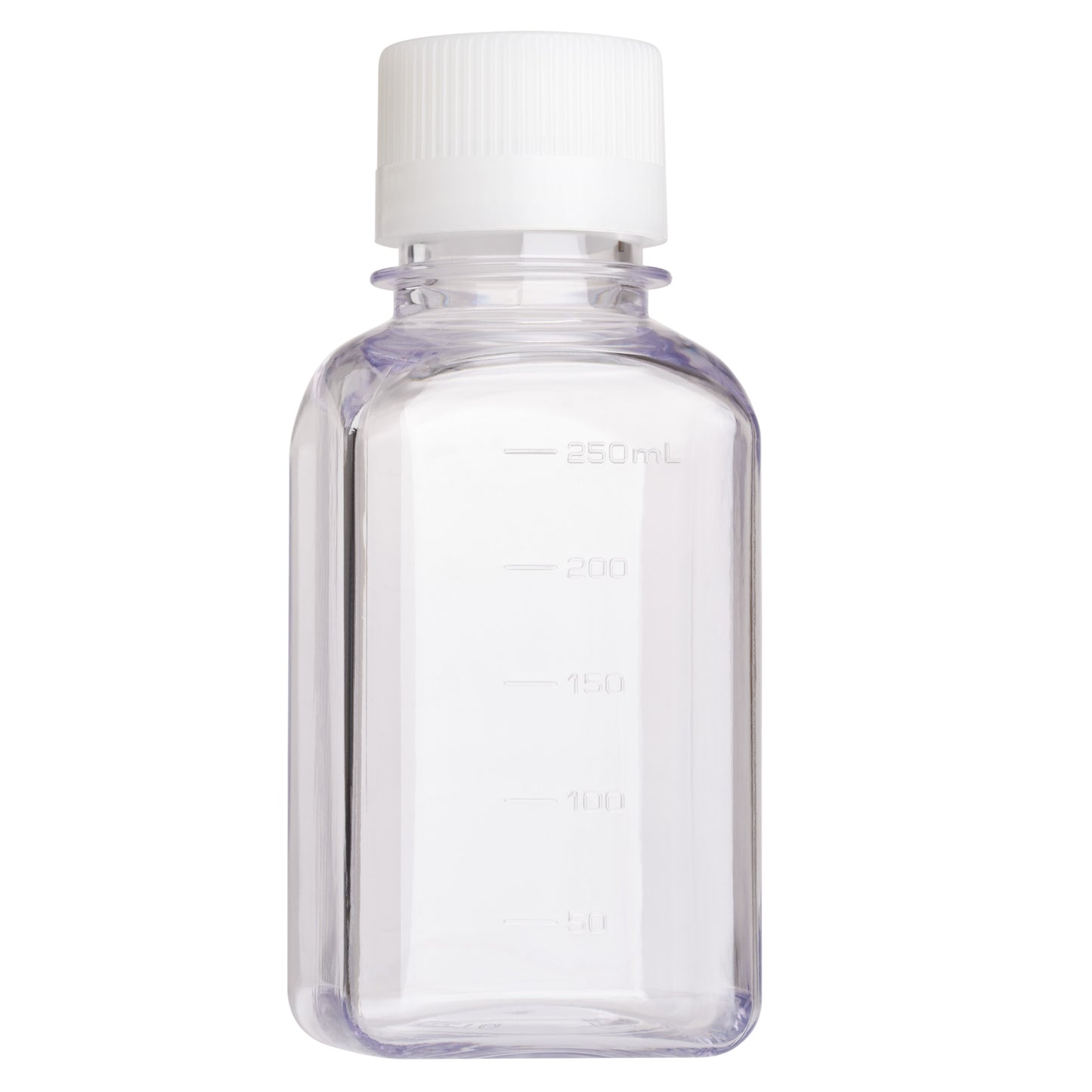 250mL Media Bottle, Square, PETG, Bulk, Sterile