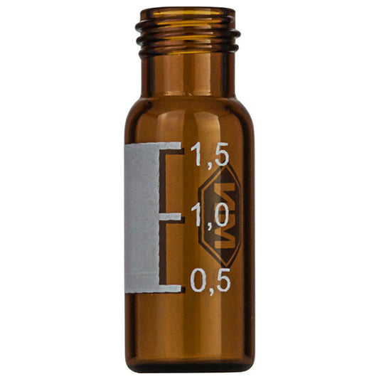 Screw neck vial, N 9, 11.6x32.0 mm, 2 mL, label, flat bottom, amber, silanized