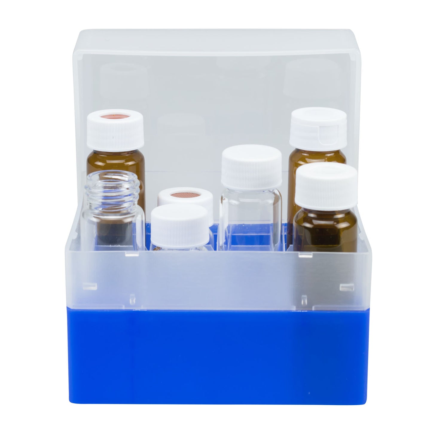 Vial container, max. diameter 27.5 mm, 16 pos. with lid and divider, stackable