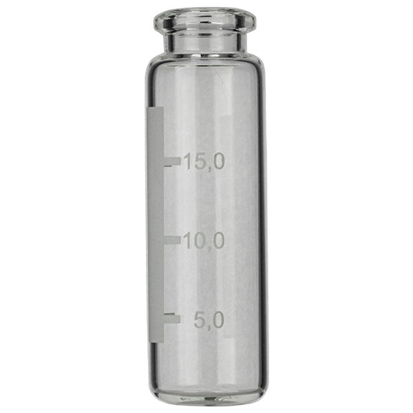 Crimp neck vial, N 20, 23.0x75.5 mm,20.0 mL,label,rounded bottom,bev. neck,clear