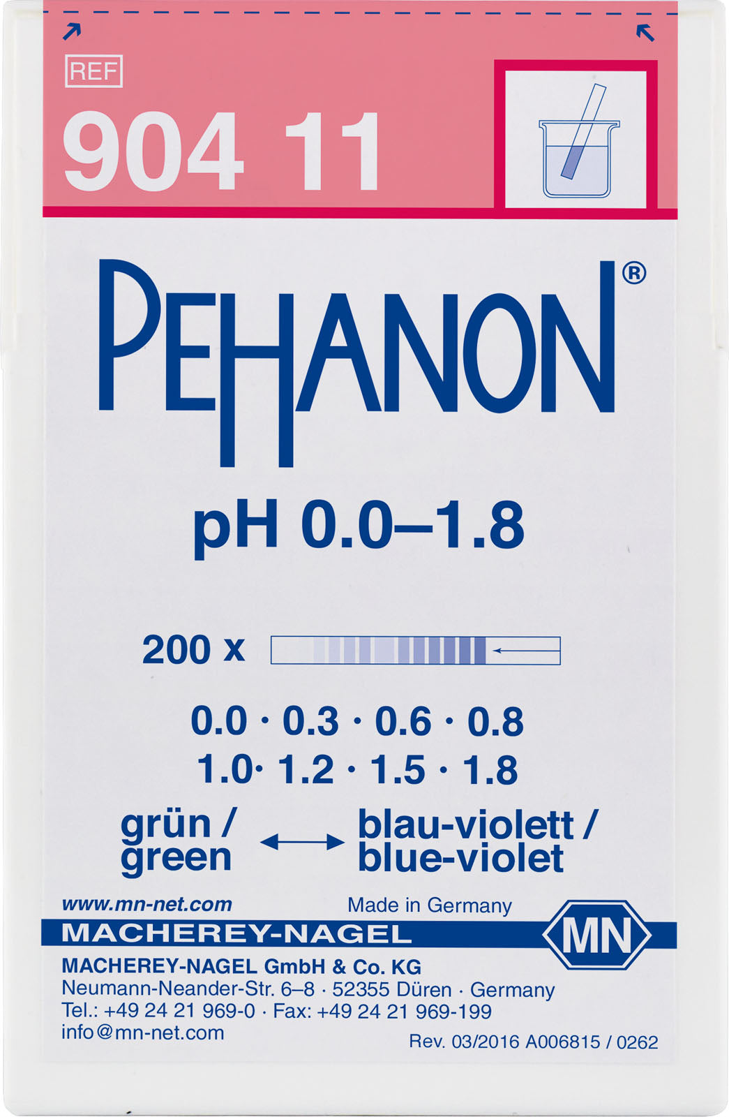 pH test strips, PEHANON 0.0–1.8, for colored samples