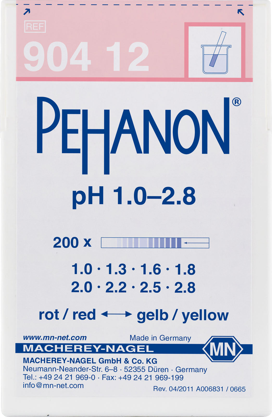 pH test strips, PEHANON 1.0–2.8, for colored samples