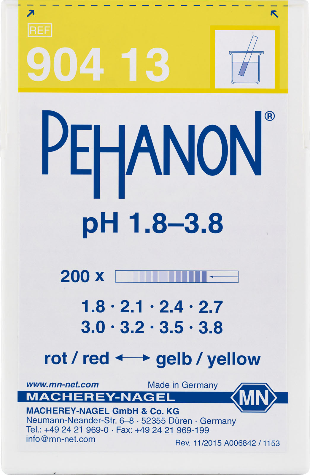 pH test strips, PEHANON 1.8–3.8, for colored samples