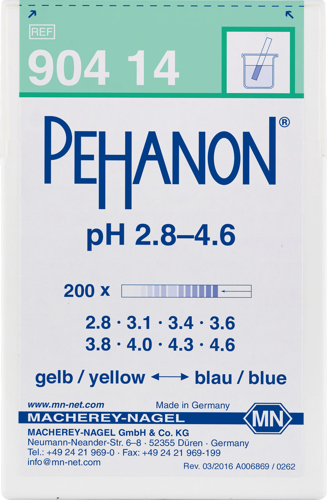 pH test strips, PEHANON 2.8–4.6, for colored samples