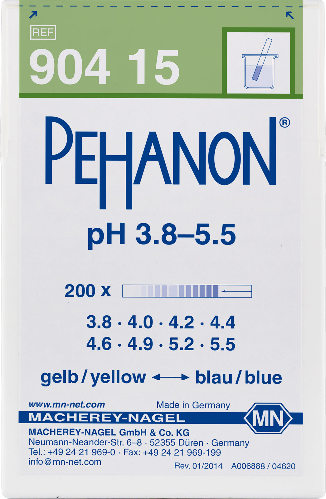 pH test strips, PEHANON 3.8–5.5, for colored samples