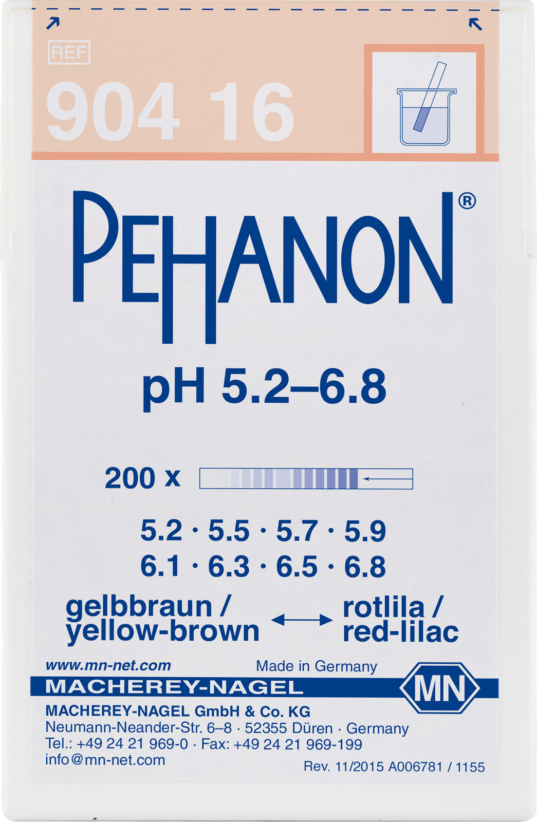 pH test strips, PEHANON 5.2–6.8, for colored samples