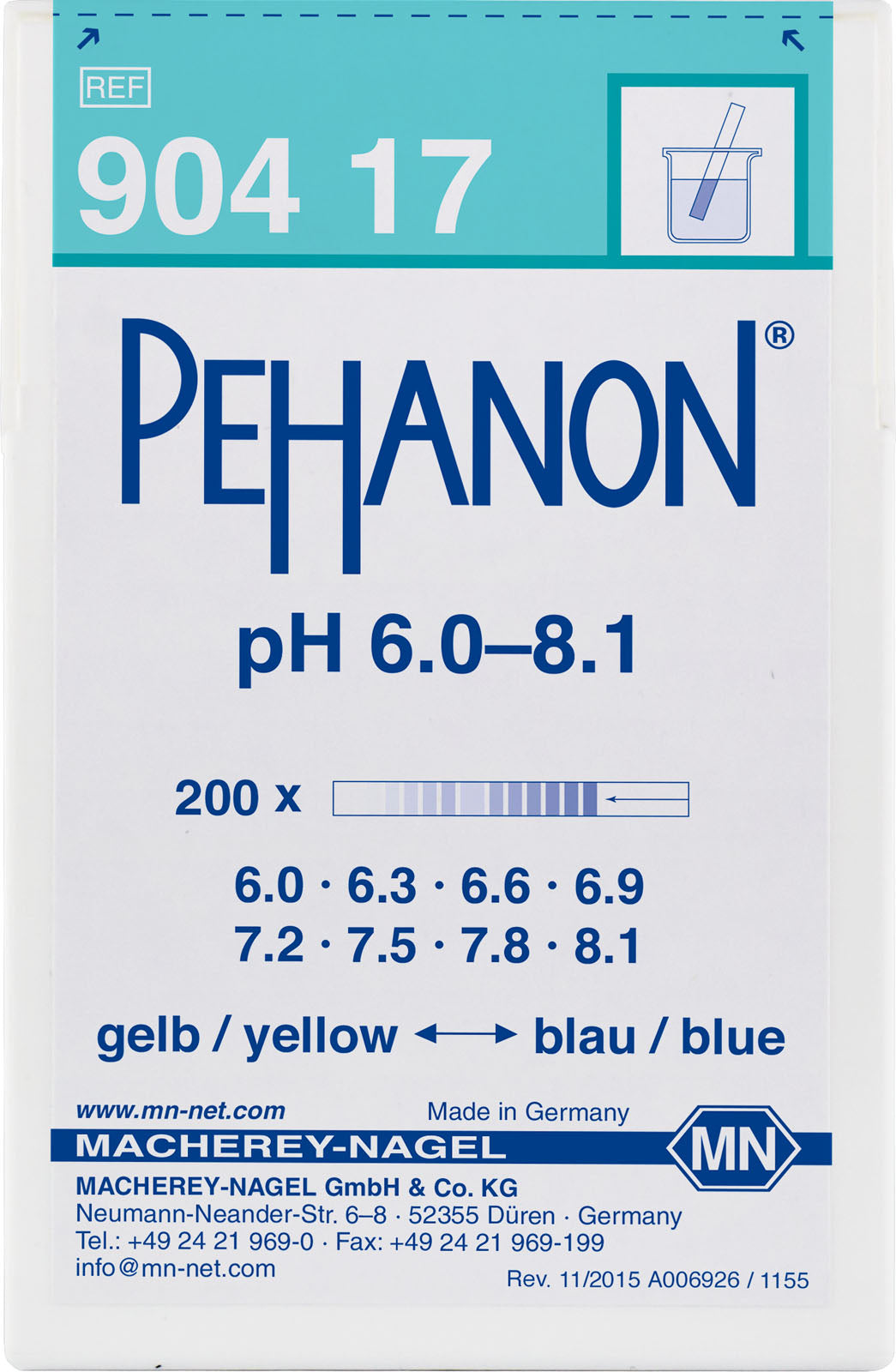 pH test strips, PEHANON 6.0–8.1, for colored samples