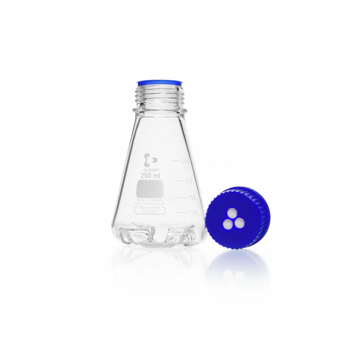 DURAN® Baffled Flask, GL 45, with membrane screw cap and pouring ring, 250 mL