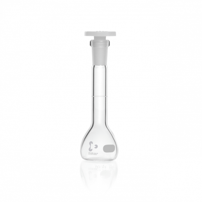 DURAN® Volumetric Flask, Class A, white print, with scratched graduation mark and octagonal stopper from PE, with batch certificate, without certificate of conformity, 25 mL