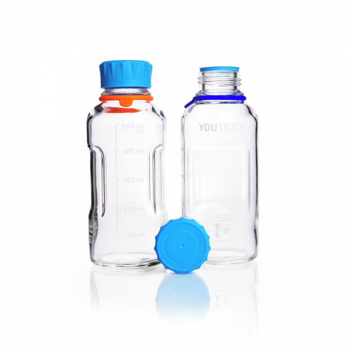 DURAN® YOUTILITY® GL 45 Laboratory Bottle (clear), with screw cap and pouring ring (PP, cyan), 500 mL