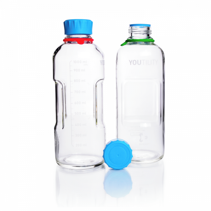DURAN® YOUTILITY® GL 45 Laboratory Bottle (clear), with screw cap and pouring ring (PP, cyan), 1000 mL