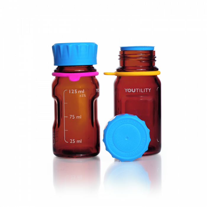 DURAN® YOUTILITY® GL 45 Laboratory Bottle (amber), with screw cap and pouring ring (PP, cyan), 125 mL