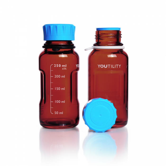 DURAN® YOUTILITY® GL 45 Laboratory Bottle (amber), with screw cap and pouring ring (PP, cyan), 250 mL