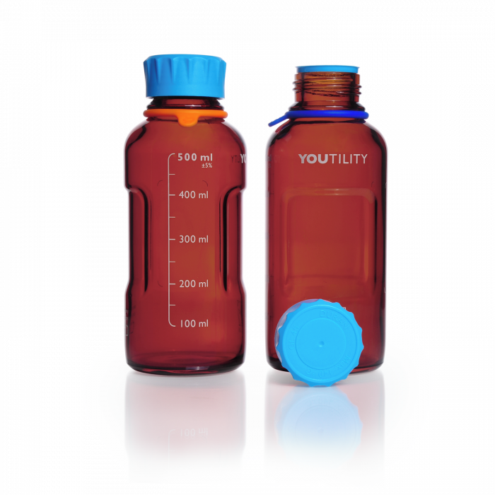 DURAN® YOUTILITY® GL 45 Laboratory Bottle (amber), with screw cap and pouring ring (PP, cyan), 500 mL