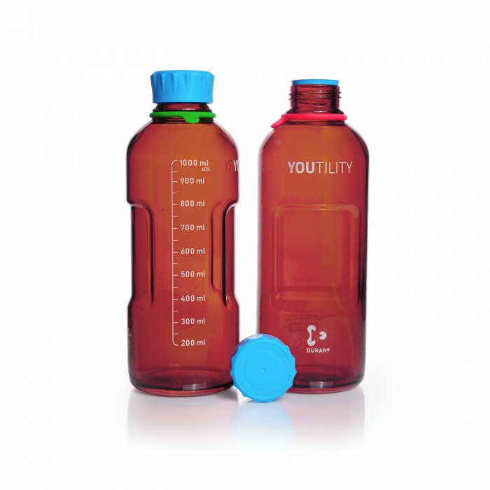 DURAN® YOUTILITY® GL 45 Laboratory Bottle (amber), with screw cap and pouring ring (PP, cyan), 1000 mL