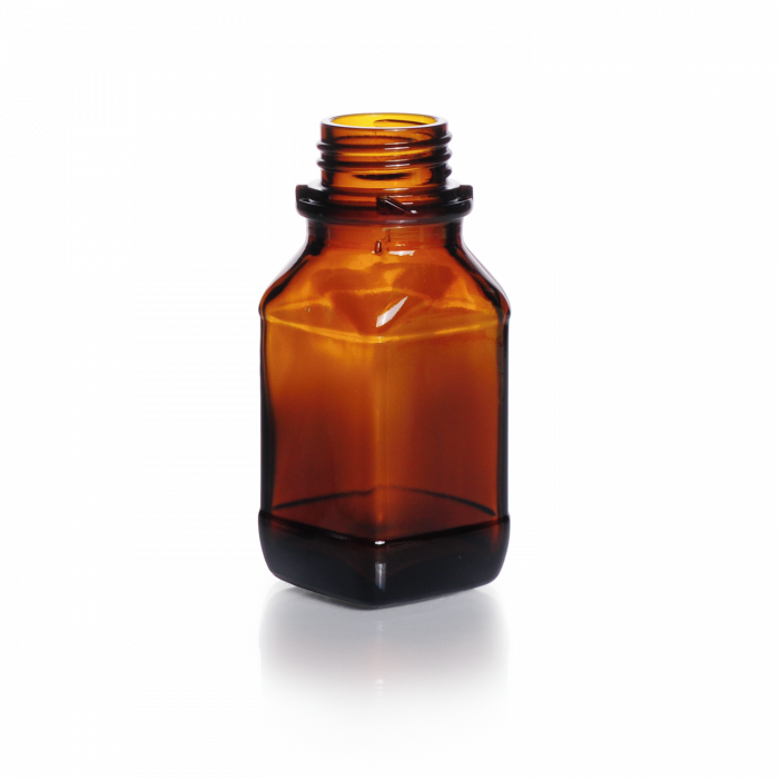 Screw-Top Square Bottle, soda-lime glass, amber, wide mouth, short form, with DIN 32 S thread, 100 mL