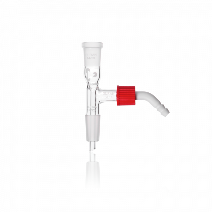DURAN® Vacuum Receiver Adapter, straight, NS 29/32, with 2 standard ground joints and screw-on plastic hose connection