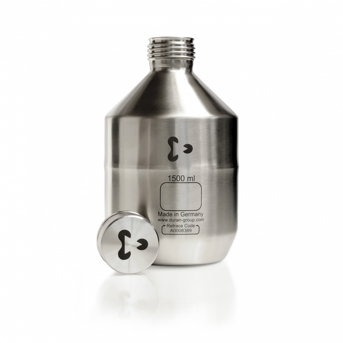 GL 45 Stainless Steel Shipping Bottle, UN certified, complete with metal cap, 1500 mL