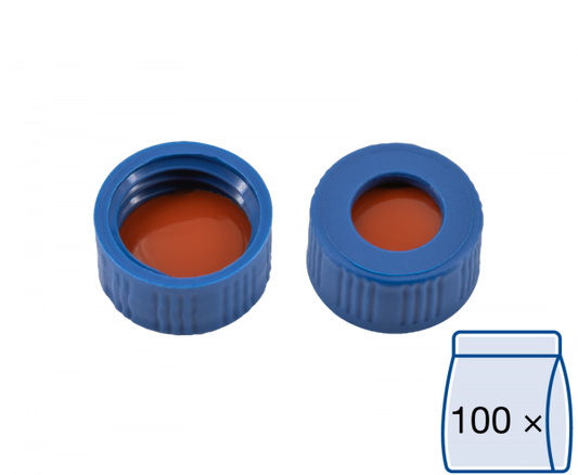 Screw closure, N 9, PP, blue, center hole, Red Rubber/FEP colorless, 1.0 mm