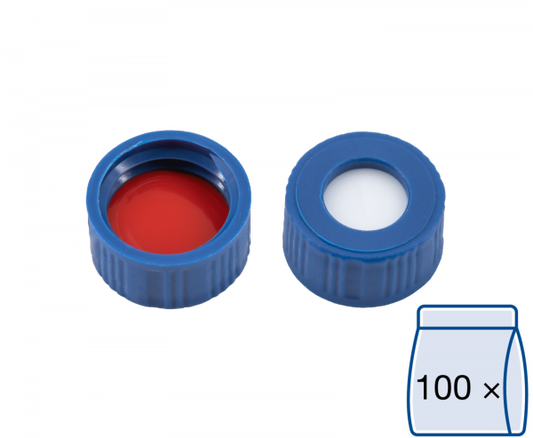 Screw closure, N 9, PP, blue, center hole, Silicone white/PTFE red, 1.0 mm