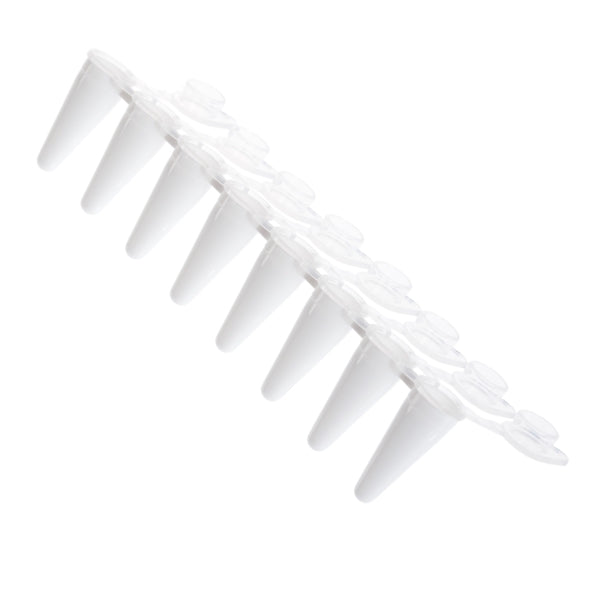 PCR 8-Strip Tubes, 0.1mL, Attached Optically Clear Flat Caps, White Tubes, Non-sterile