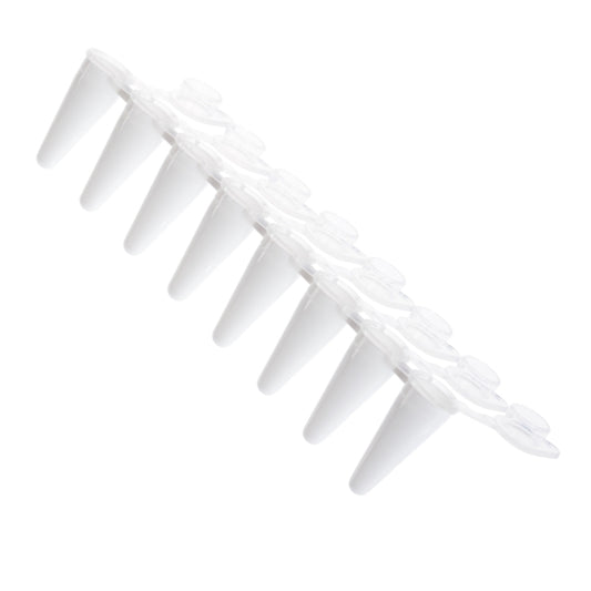 PCR 8-Strip Tubes, 0.1mL, Attached Optically Clear Flat Caps, White Tubes, Non-sterile