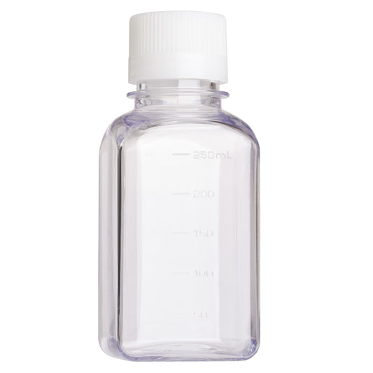250mL Media Bottle, Square, PETG, Bulk, Sterile