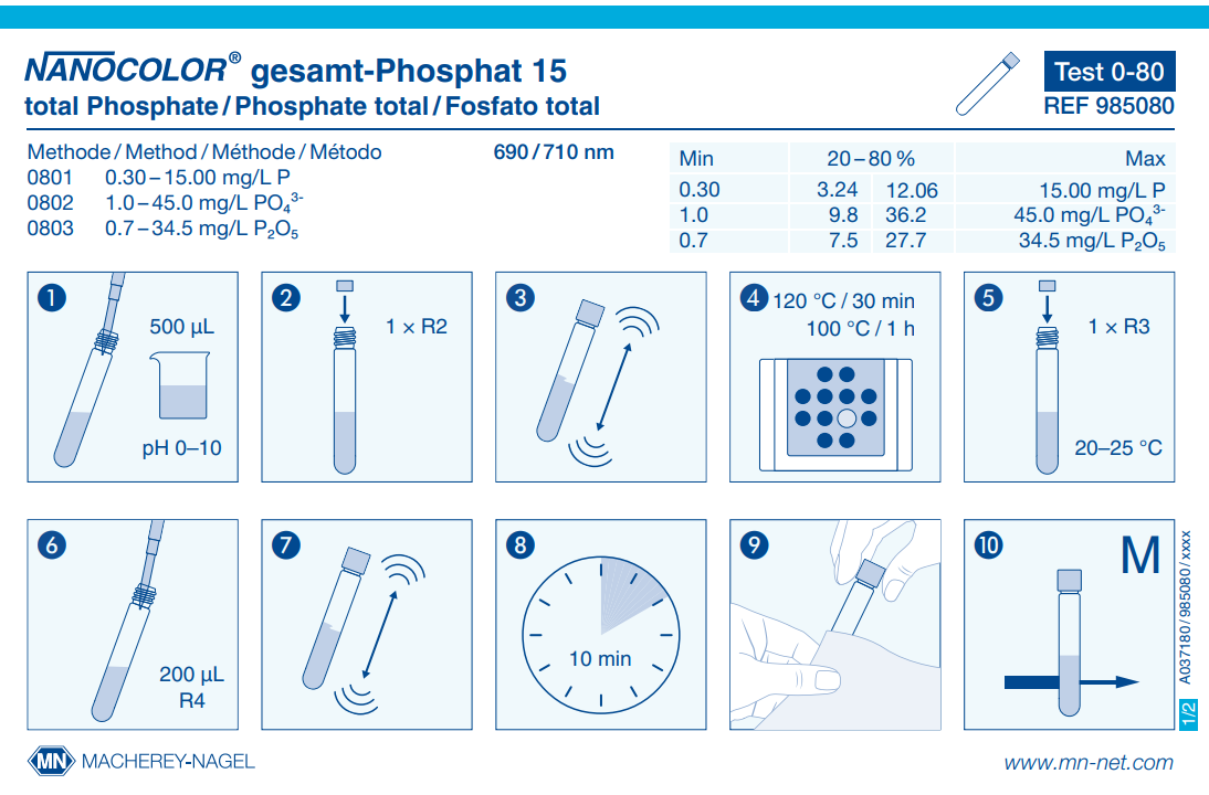 Tube test NANOCOLOR ortho- and total-Phosphate 15
