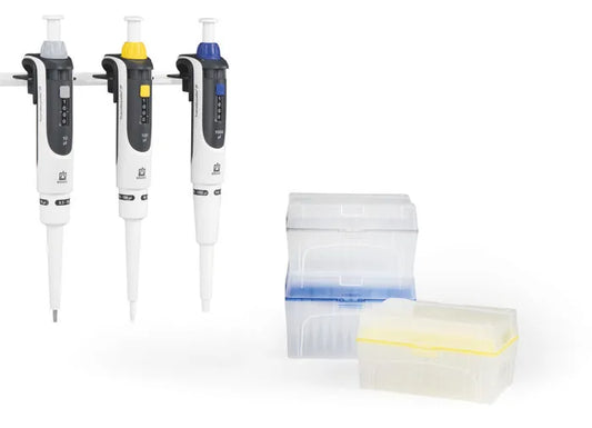 Transferpette® S, Pipette sets, Pipette package 1, 5 pipettes: D-2.5 (0,1-2.5µl), D-10 (0.5-10µl), D-20 (2-20µl), D-200 (20-200µl), D-1000 (100-1000µl), 3 x TipBox pipette tips, Benchtop rack (carousel for 6 devices), DE-M