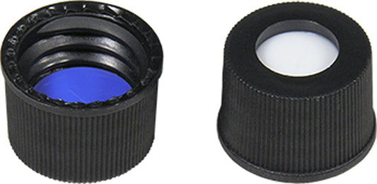 Screw closure (bonded), N 10, PP, black, c. hole, Silic. w./PTFE blue,slit,1.5mm