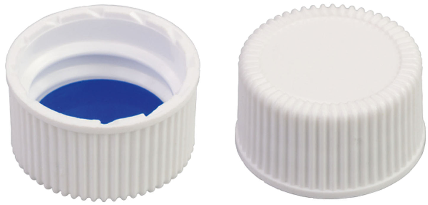 Screw closure (bonded), N 20, PP, white, closed top,Silicone w./PTFE blue, 1.3mm