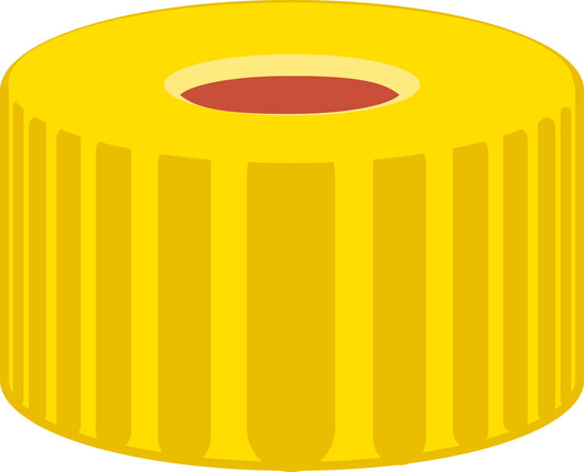 Screw closure, N 9, PP, yellow, center hole, Red Rubber/FEP colorless, 1.0 mm