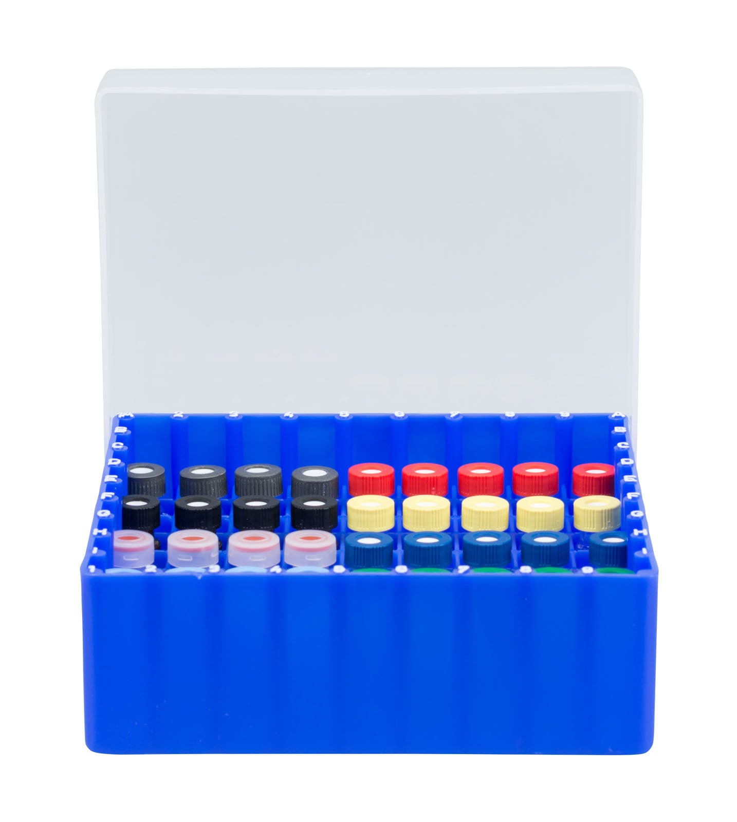 Vial container, max. diameter 12 mm, 81 pos., with lid and divider, stackable