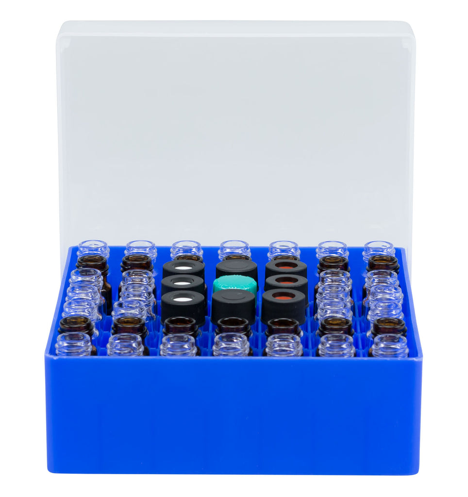 Vial container, max. diameter 15 mm, 49 pos. with lid and divider, stackable