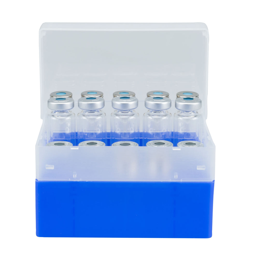 Vial container, max. diameter 23 mm, 25 pos. with lid and divider, stackable