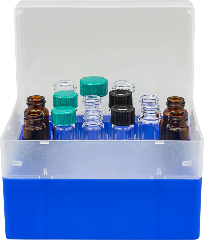 Vial container, max. diameter 18.5 mm, 36 pos. with lid and divider, stackable