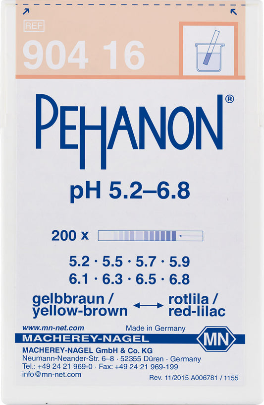 pH test strips, PEHANON 5.2–6.8, for colored samples