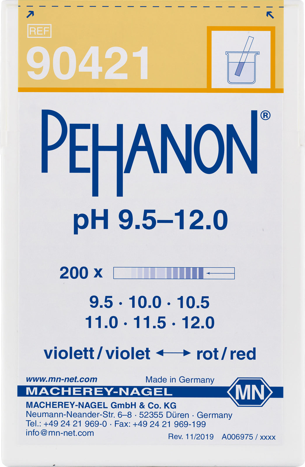 pH test strips, PEHANON 9.5–12.0, for colored samples