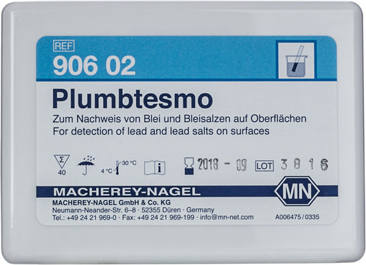 Qualitative test paper Plumbtesmo for Lead: 5 mg/L Pb&sup2;⁺