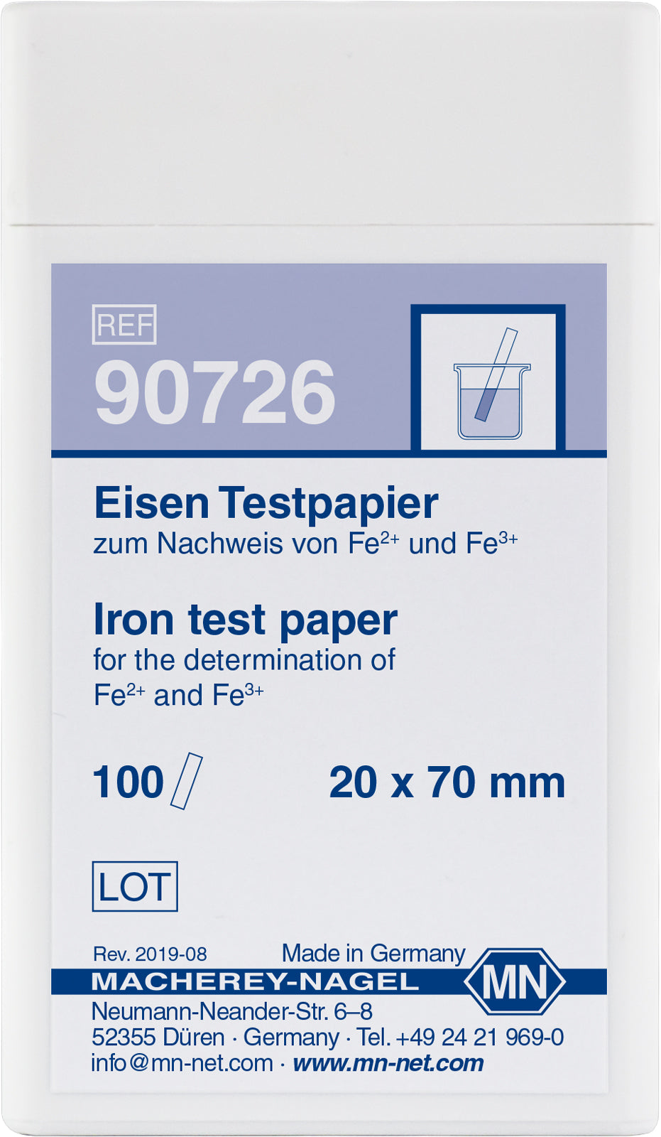 Qualitative Iron test paper for Iron: 10 mg/L Fe&sup2;⁺ or Fe&sup3;⁺