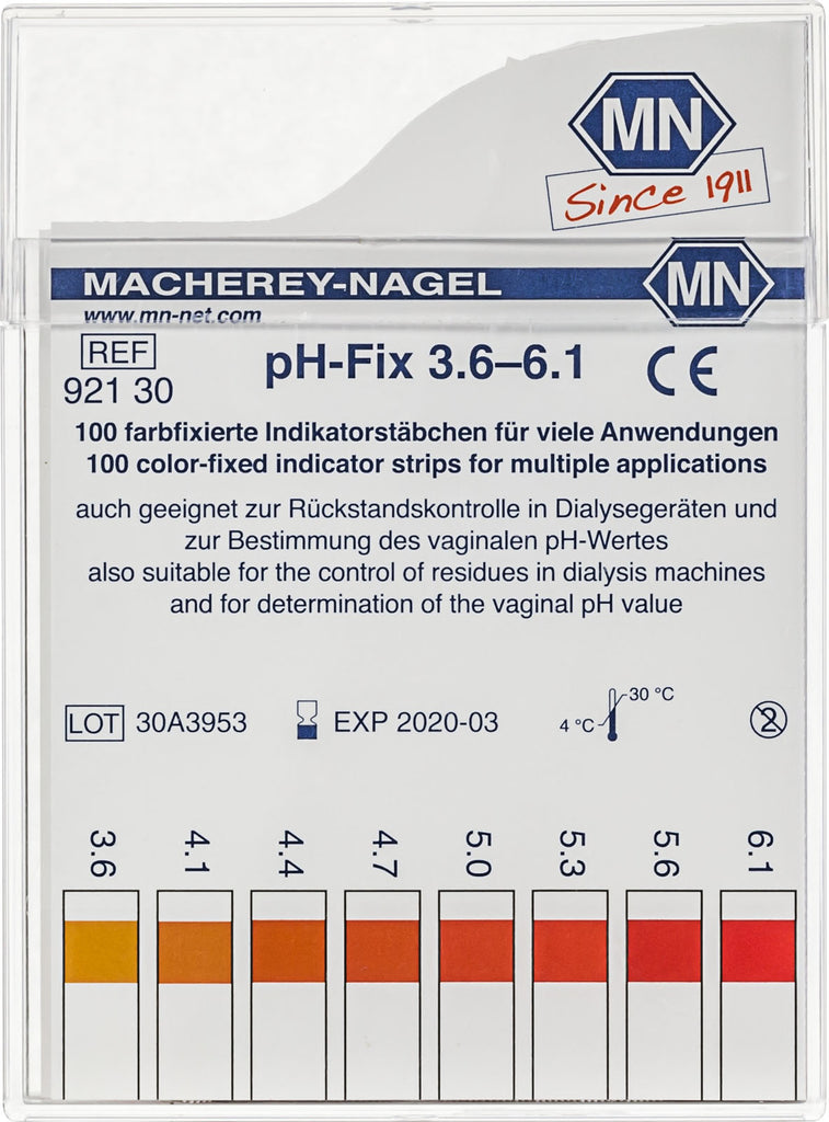 pH test strips, pH‑Fix 3.6–6.1, fixed indicator