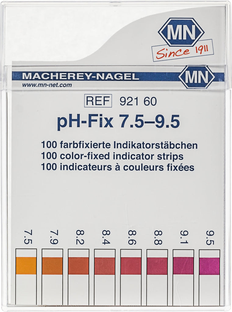 pH test strips, pH‑Fix 7.5–9.5, fixed indicator
