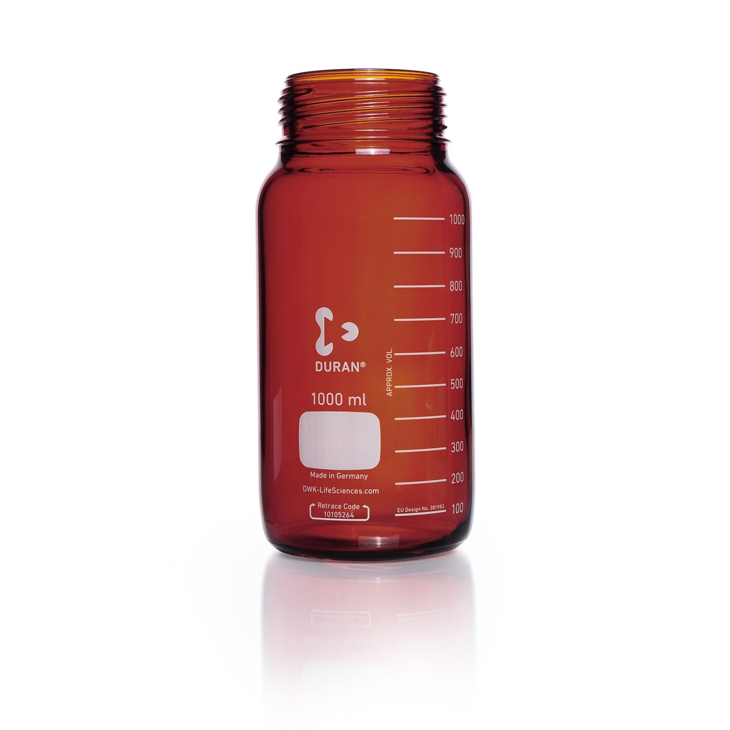 DURAN® GLS 80® Laboratory Bottle, wide mouth, amber, without screw cap and pouring ring, 1000 mL