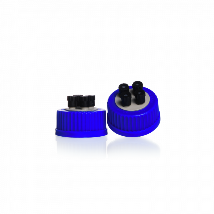 DURAN® GL 45 Replacement HPLC Screw Cap, complete with 4x black M8 screw caps and 12x silicone seals (4 x 1.6 mm and 4 x 3.2 mm tubing seals and 4 x closure seals)