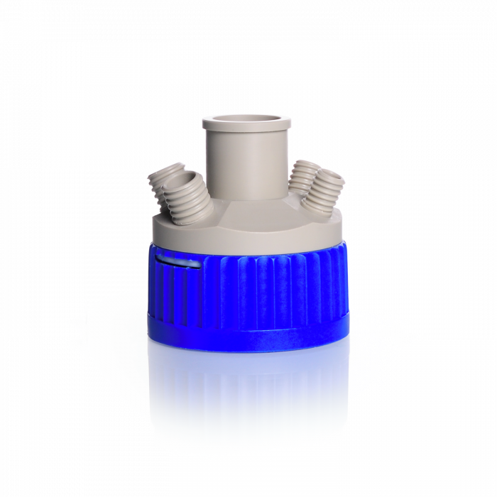 DURAN® GLS 80® Bottle Connection System Screw Cap, wide mouth, with 4 ports (2x GL 14 and 2x GL 18) and central ST 29/32 ground joint