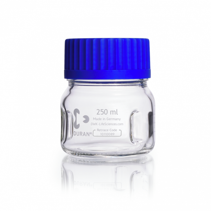 DURAN® GLS 80® Laboratory Mixing Bottle, baffled, wide mouth, clear, with screw cap and pouring ring, PP, blue, 500 mL