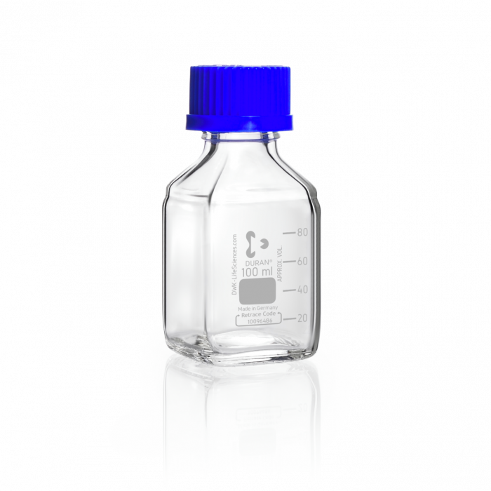 DURAN® GL 32 Laboratory Bottle Square, clear, with screw cap and pouring ring, PP, blue, 100 mL