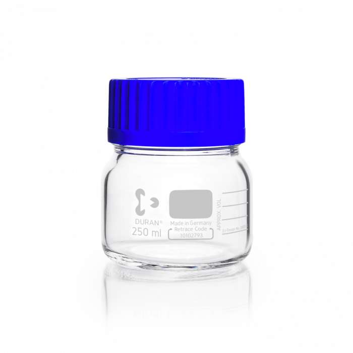 DURAN® GLS 80® Laboratory Bottle, wide mouth, clear, with screw cap and pouring ring, PP, blue, 3500 mL