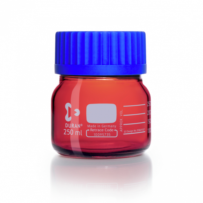 DURAN® GLS 80® Laboratory Bottle, wide mouth, amber, with screw cap and pouring ring, PP, blue, 5000 mL